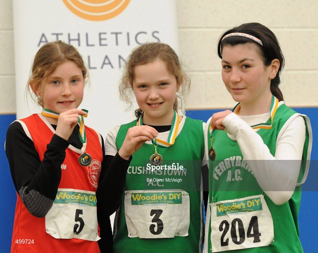 19 March 2011; Competitors, from left to right, Kate O'Connor, St Gerards, 2nd place, Zoe Mohin, Cushinstown, 1st place, and Chloe Farrell , Ferrybank, 3rd place, with their medals after the U12 Girls Long Jump. Woodie’s DIY National Juvenile Indoor Championships, Meadowbank Indoor Arena, Magherafelt, Derry. Picture credit: Oliver McVeigh / SPORTSFILE