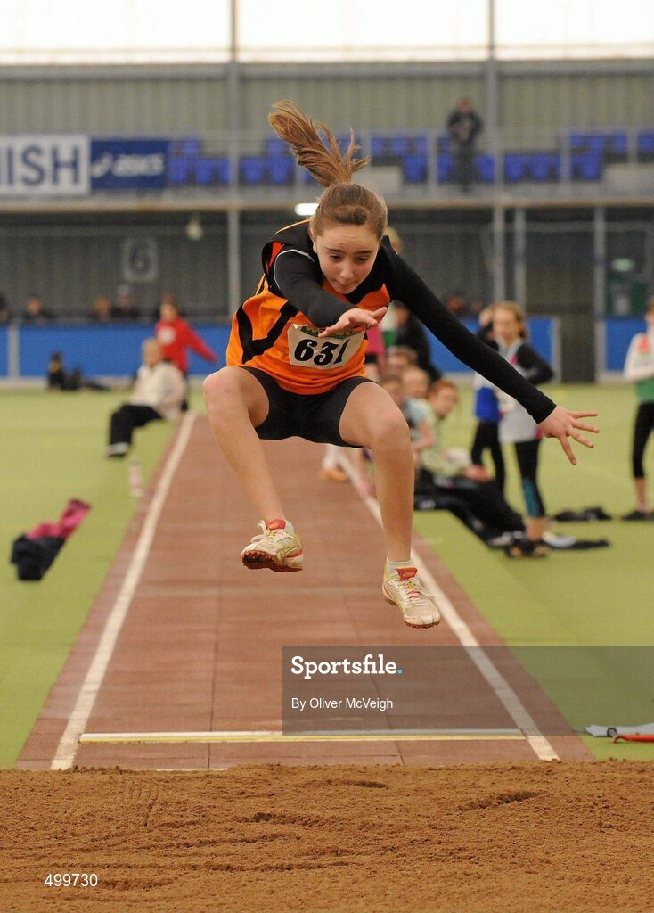 19 March 2011; Ailbhe O'Donnell, from Rosses AC, in action during the U13 Girls Long Jump. Woodie’s DIY National Juvenile Indoor Championships, Meadowbank Indoor Arena, Magherafelt, Derry. Picture credit: Oliver McVeigh / SPORTSFILE