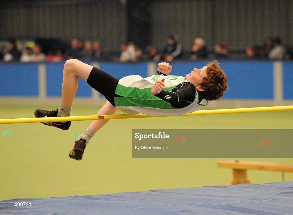19 March 2011; Jerry Keary, from Craughwell, in action during the U12 Boys High Jump. Woodie’s DIY National Juvenile Indoor Championships, Meadowbank Indoor Arena, Magherafelt, Derry. Picture credit: Oliver McVeigh / SPORTSFILE