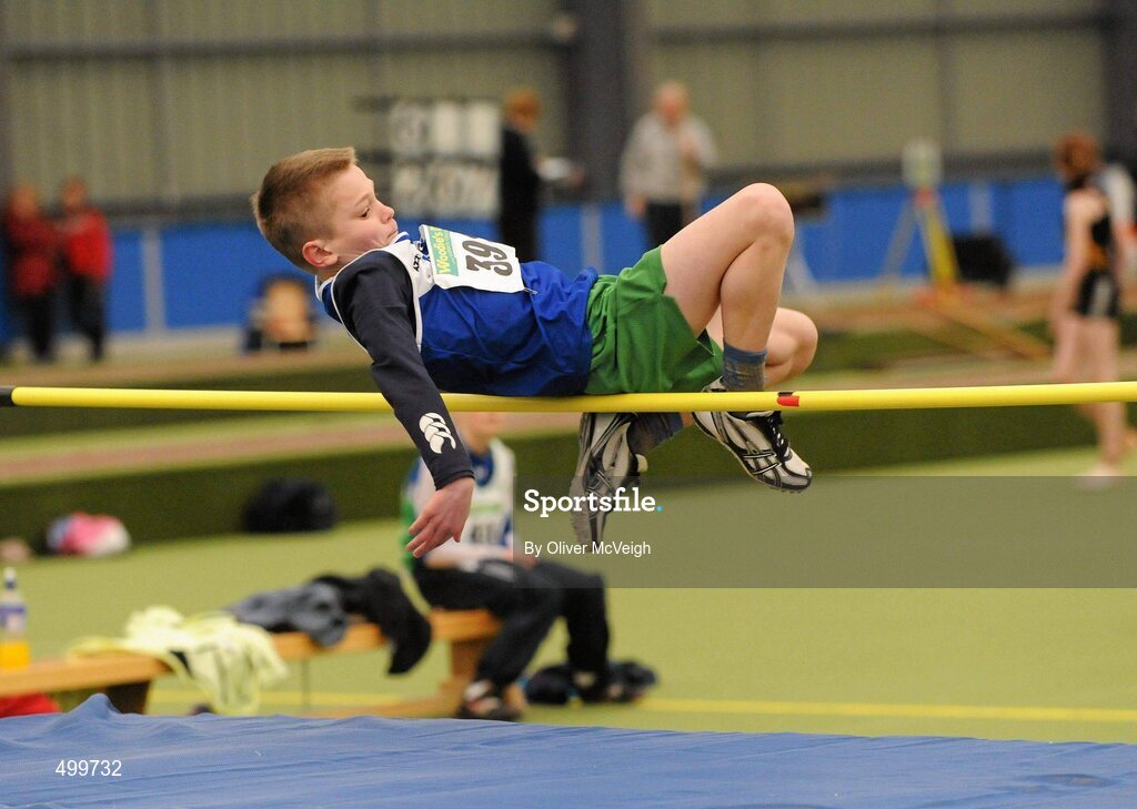 19 March 2011; Aaron Commons, from Claremorris, in action during the U12 Boys High Jump. Woodie’s DIY National Juvenile Indoor Championships, Meadowbank Indoor Arena, Magherafelt, Derry. Picture credit: Oliver McVeigh / SPORTSFILE