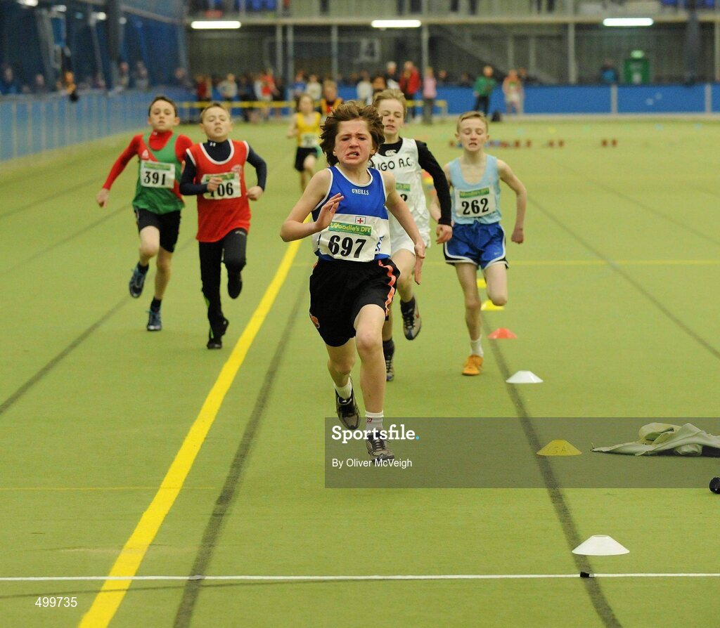 19 March 2011; Aaron McGlynn, from Finn Valley, on his way to winning the U12 600m final. Woodie’s DIY National Juvenile Indoor Championships, Meadowbank Indoor Arena, Magherafelt, Derry. Picture credit: Oliver McVeigh / SPORTSFILE