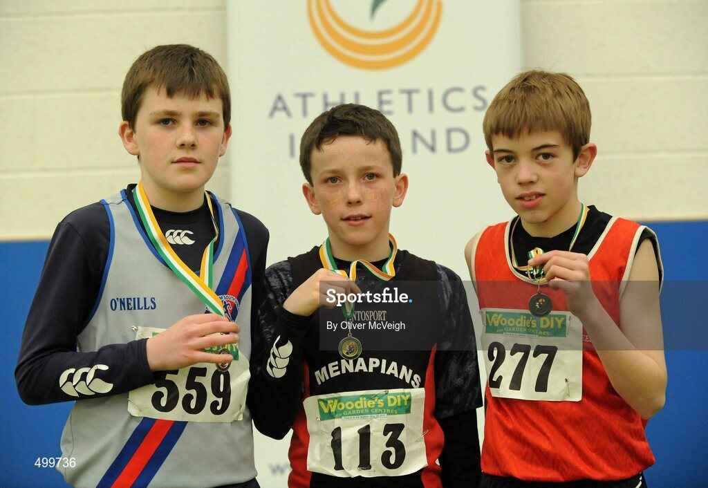19 March 2011; Competitors, from left to right, Shane Mullins, Dundrum South Dublin, 2nd place, David McDonald, Menapiansl, 1st place, and Cathal Locke , Dooneen, 3rd place, with their medals after the U13 Boys Long Jump. Woodie’s DIY National Juvenile Indoor Championships, Meadowbank Indoor Arena, Magherafelt, Derry. Picture credit: Oliver McVeigh / SPORTSFILE