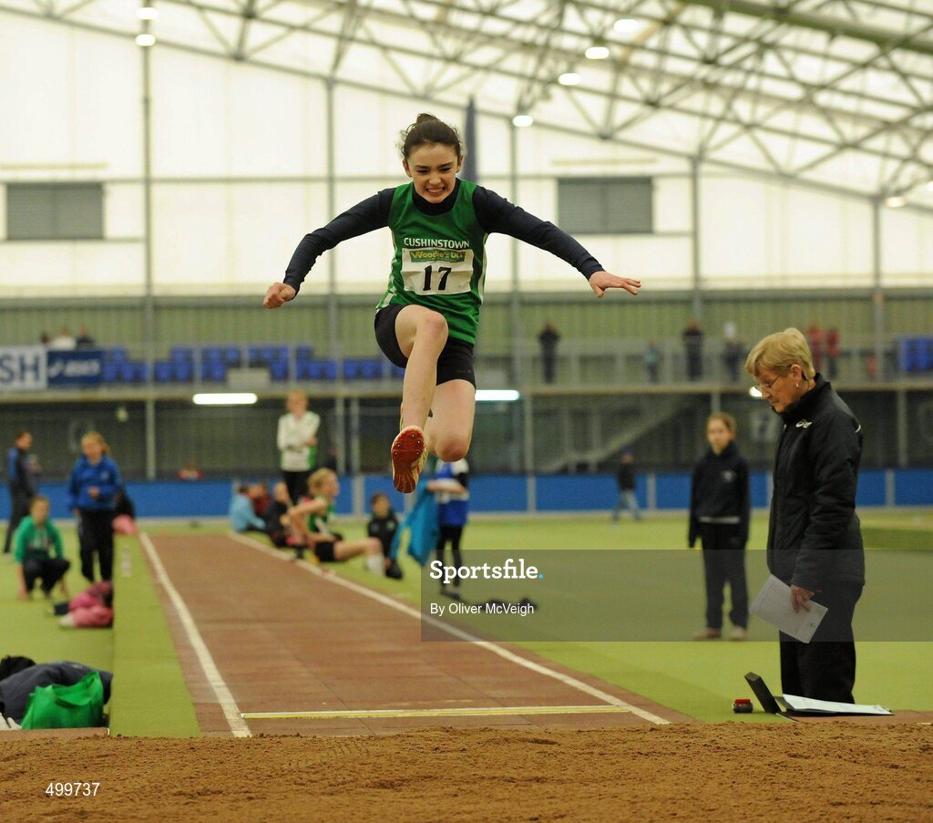 19 March 2011; Sinead Reynolds, from Cushinstown, in action during the U13 Girls Long Jump. Woodie’s DIY National Juvenile Indoor Championships, Meadowbank Indoor Arena, Magherafelt, Derry. Picture credit: Oliver McVeigh / SPORTSFILE