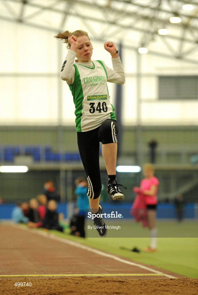 19 March 2011; Aisling Keady-Cummins, from Craughwell, in action during the U13 Girls Long Jump. Woodie’s DIY National Juvenile Indoor Championships, Meadowbank Indoor Arena, Magherafelt, Derry. Picture credit: Oliver McVeigh / SPORTSFILE