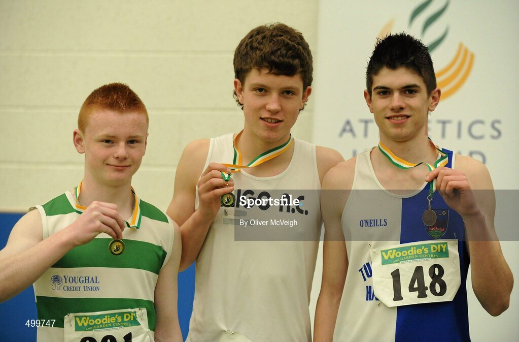 19 March 2011; Competitors, from left to right, Cian Green, Youghal AC, 2nd place, Zak Irwin, Sligo AC, 1st place, and Dean Power, Tullamore Harriers, 3rd place, with their medals after the U16 Boys 60m. Woodie’s DIY National Juvenile Indoor Championships, Meadowbank Indoor Arena, Magherafelt, Derry. Picture credit: Oliver McVeigh / SPORTSFILE