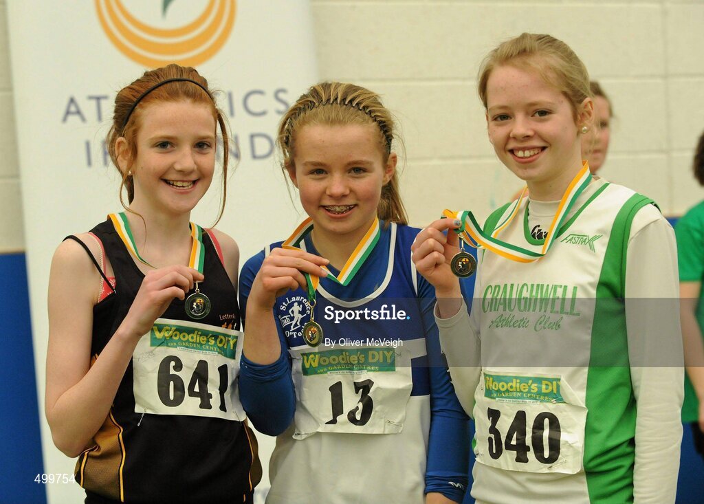 19 March 2011; Competitors, from left to right, Arlene Crossan, Glaslough Harriers, 2nd place, Molly Scott, St Lawerence O'Toole AC, 1st place, and Aisling Keady-Cummins, Craughwell, 3rd place, with their medals after the U13 Girls Long Jump. Woodie’s DIY National Juvenile Indoor Championships, Meadowbank Indoor Arena, Magherafelt, Derry. Picture credit: Oliver McVeigh / SPORTSFILE