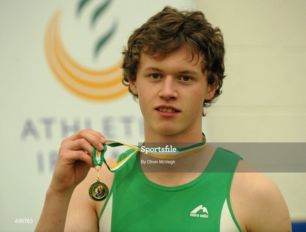 19 March 2011; James Greene, Ferrybank AC, Co. Waterford, pictured with his medal after winning the U19  Boys 400m. James also won gold in the U19 boys 60m. Woodie’s DIY National Juvenile Indoor Championships, Meadowbank Indoor Arena, Magherafelt, Derry. Picture credit: Oliver McVeigh / SPORTSFILE