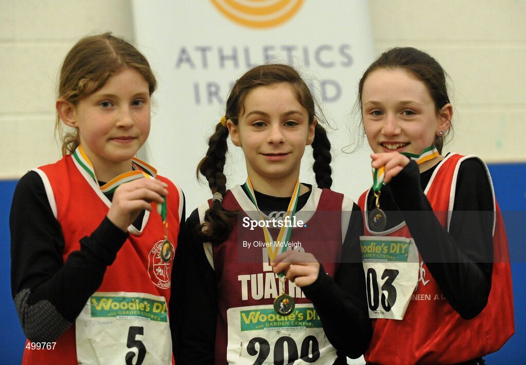 19 March 2011; Competitors, from left to right, Kate O'Connor, St Gerards, 2nd place, Sophie Lynch, Lios Tuathail, 1st place, and Susan O'Neill, Dooneen, 3rd place, with their medals after the U12 Girls 600m. Woodie’s DIY National Juvenile Indoor Championships, Meadowbank Indoor Arena, Magherafelt, Derry. Picture credit: Oliver McVeigh / SPORTSFILE
