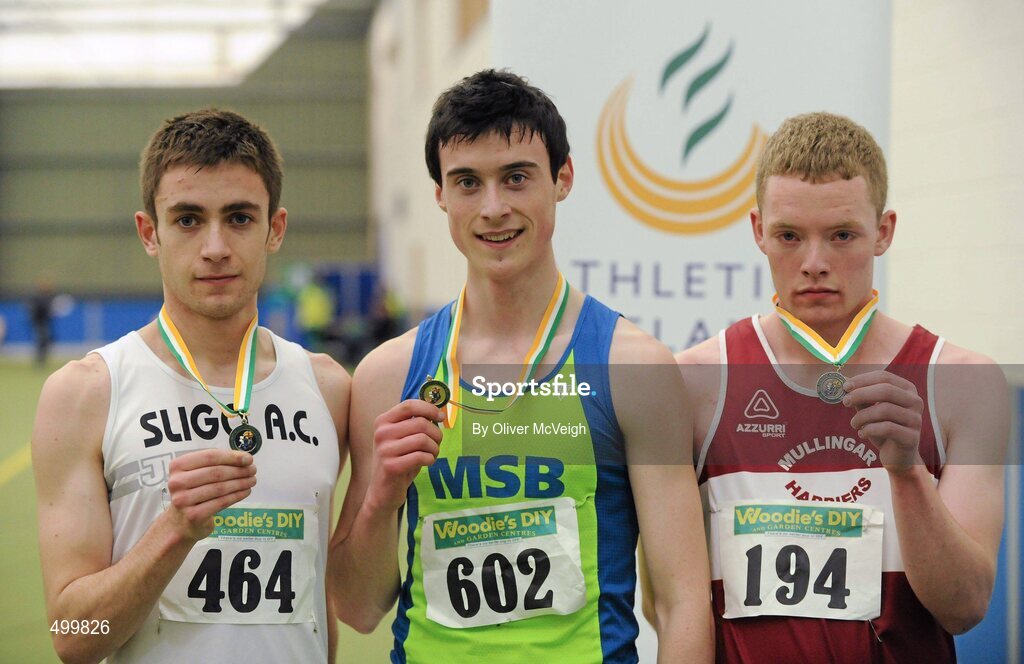 19 March 2011; U19 Boys 1500m winner Peter Gaffney, Metro / St. Brigids, Dublin, centre, with second place Killian O'Connor, Sligo AC, left, and third place Adam Daly, Mullingar Harriers, Co. Westmeath. Woodie’s DIY National Juvenile Indoor Championships, Meadowbank Indoor Arena, Magherafelt, Derry. Picture credit: Oliver McVeigh / SPORTSFILE