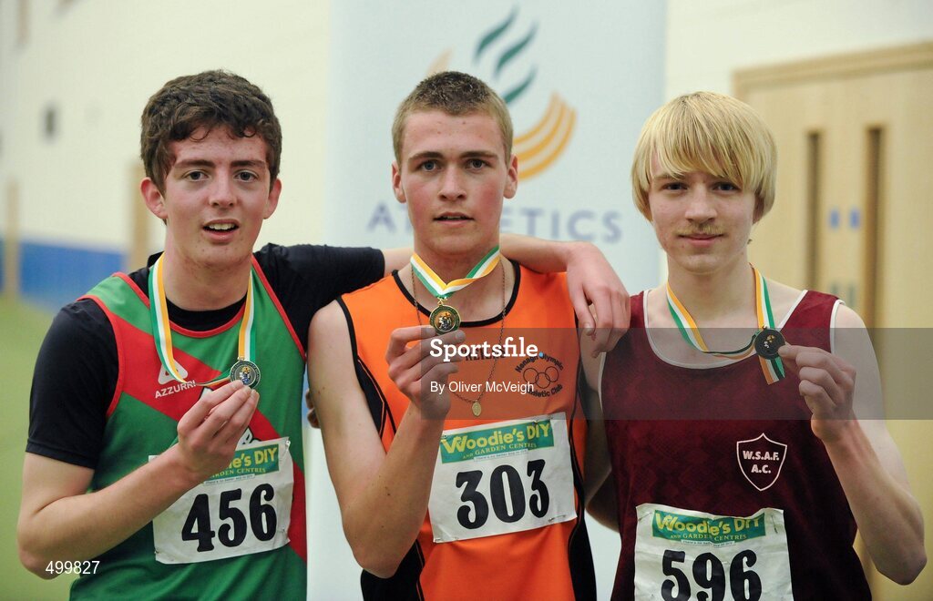19 March 2011; U18 Boys 1500m winner Seamus Hogan, Nenagh Olympic AC, Co. Tipperary, centre, with second place Anthony Chambers, Westport AC, Co. Mayo, left, and third place Mitchell Byrne, Rathfarnham W.S.A.F., Dublin. Woodie’s DIY National Juvenile Indoor Championships, Meadowbank Indoor Arena, Magherafelt, Derry. Picture credit: Oliver McVeigh / SPORTSFILE