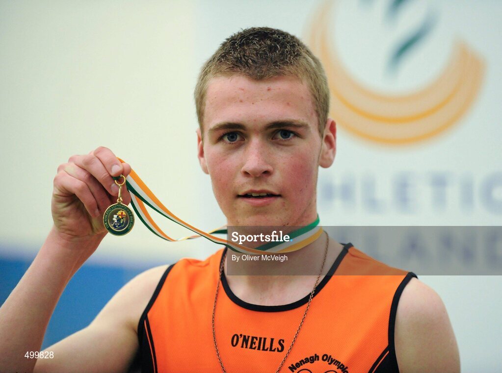 19 March 2011; U18 Boys 1500m winner Seamus Hogan, Nenagh Olympic AC, Co. Tipperary. Woodie’s DIY National Juvenile Indoor Championships, Meadowbank Indoor Arena, Magherafelt, Derry. Picture credit: Oliver McVeigh / SPORTSFILE