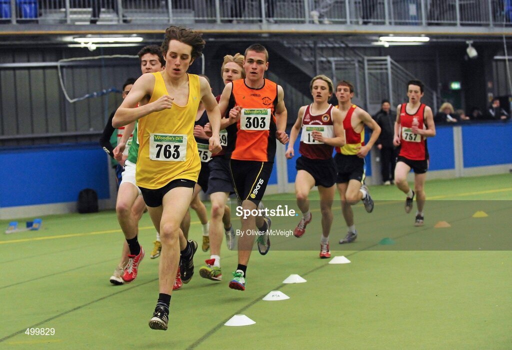 19 March 2011; Patrick Murphy, Glaslough Harriers, Co. Monaghan, leading the U18 Boys 1500m. Woodie’s DIY National Juvenile Indoor Championships, Meadowbank Indoor Arena, Magherafelt, Derry. Picture credit: Oliver McVeigh / SPORTSFILE