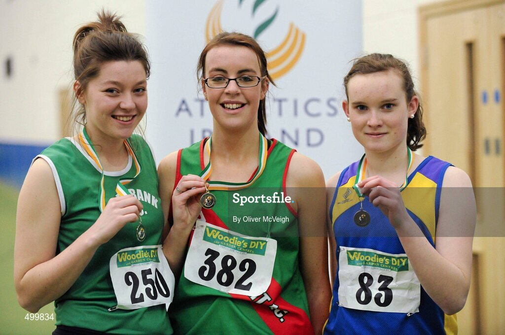 19 March 2011; U18 Girls Triple Jump winner Alice Dever, Wesport AC, Co. Mayo, centre, with second place Brid Brosnan, Ferrybank AC, Co. Waterford, left, and third place Laura Kavanagh, Roundwood and District, Co. Wicklow. Woodie’s DIY National Juvenile Indoor Championships, Meadowbank Indoor Arena, Magherafelt, Derry. Picture credit: Oliver McVeigh / SPORTSFILE
