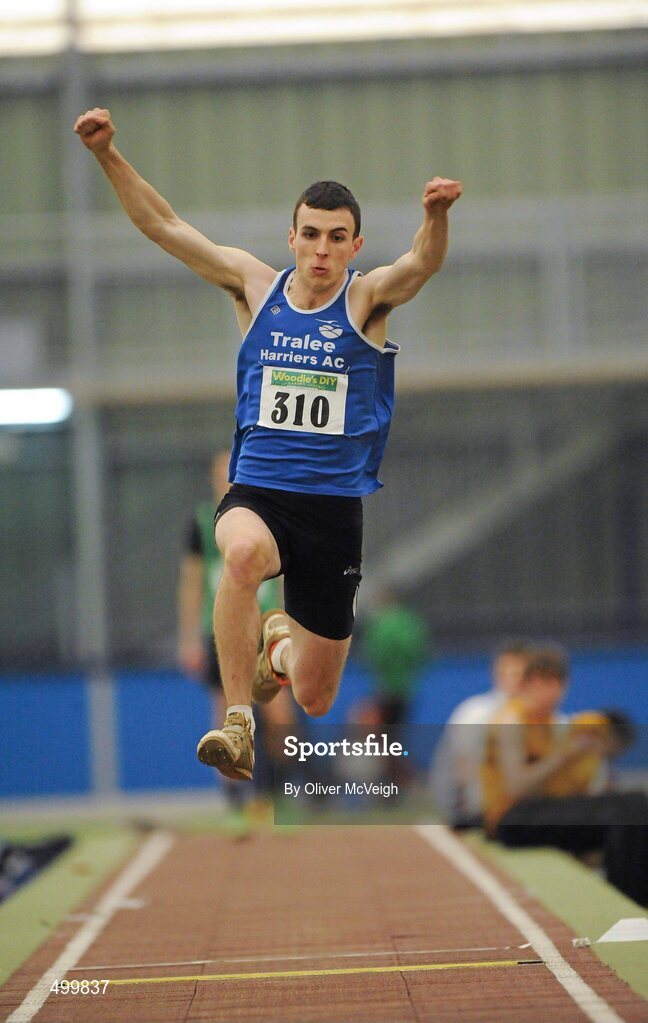 19 March 2011; Michael Godley, Tralee Harriers AC, Co. Kerry, in action during the U19 Boys Triple jump. Woodie’s DIY National Juvenile Indoor Championships, Meadowbank Indoor Arena, Magherafelt, Derry. Picture credit: Oliver McVeigh / SPORTSFILE