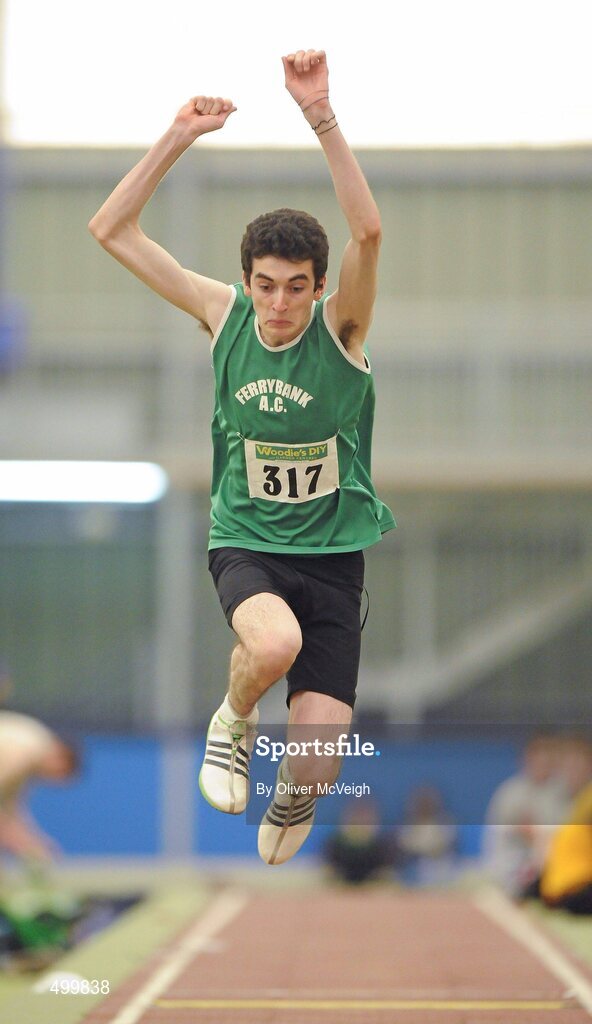 19 March 2011; Sean Archer, Ferrybank AC, Co. Waterford, in action during the U19 Boys Triple jump. Woodie’s DIY National Juvenile Indoor Championships, Meadowbank Indoor Arena, Magherafelt, Derry. Picture credit: Oliver McVeigh / SPORTSFILE