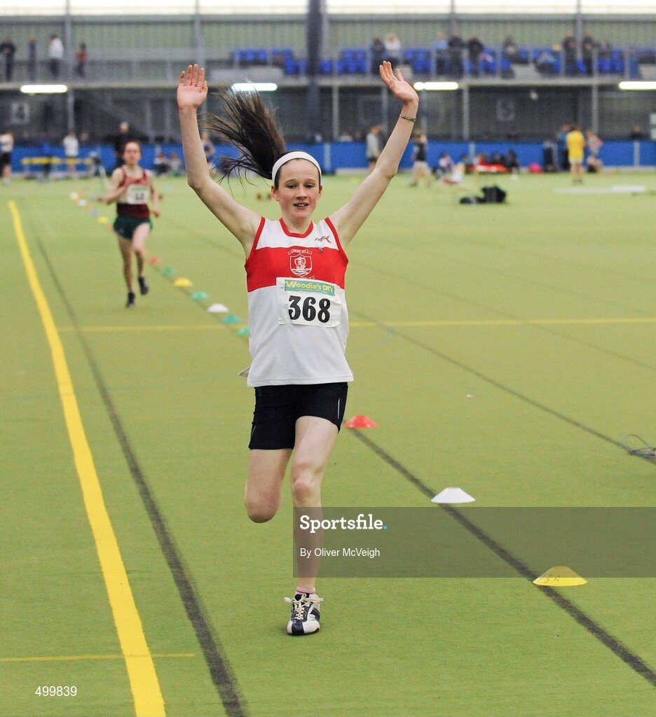 19 March 2011; Alanna Lally, Galway City Harriers, winning the U16 Girls 1500m. Woodie’s DIY National Juvenile Indoor Championships, Meadowbank Indoor Arena, Magherafelt, Derry. Picture credit: Oliver McVeigh / SPORTSFILE