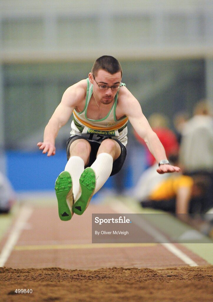 19 March 2011; Conor Daly, St Abbans AC, Laois, in action during the U18 Boys Triple jump. Woodies DIY National Juvenile Indoor Championships, Meadowbank Indoor Arena, Magherafelt, Derry. Picture credit: Oliver McVeigh / SPORTSFILE