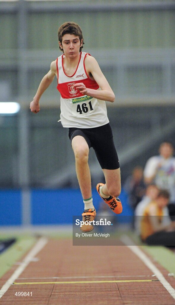 19 March 2011; Kevin Dooley, Galway City Harriers AC, in action during the U19 Boys Triple jump. Woodie’s DIY National Juvenile Indoor Championships, Meadowbank Indoor Arena, Magherafelt, Derry. Picture credit: Oliver McVeigh / SPORTSFILE