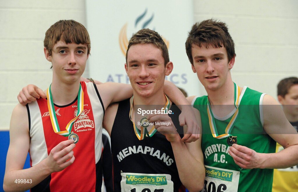 19 March 2011; U13 Boys Shot Putt winner Tony Stafford, Menapians, Co. Wexford, centre, with second place Mark McGarvey, City of Derry, left, and third place John Hally, Ferrybank AC, Co. Waterford. Woodie’s DIY National Juvenile Indoor Championships, Meadowbank Indoor Arena, Magherafelt, Derry. Picture credit: Oliver McVeigh / SPORTSFILE