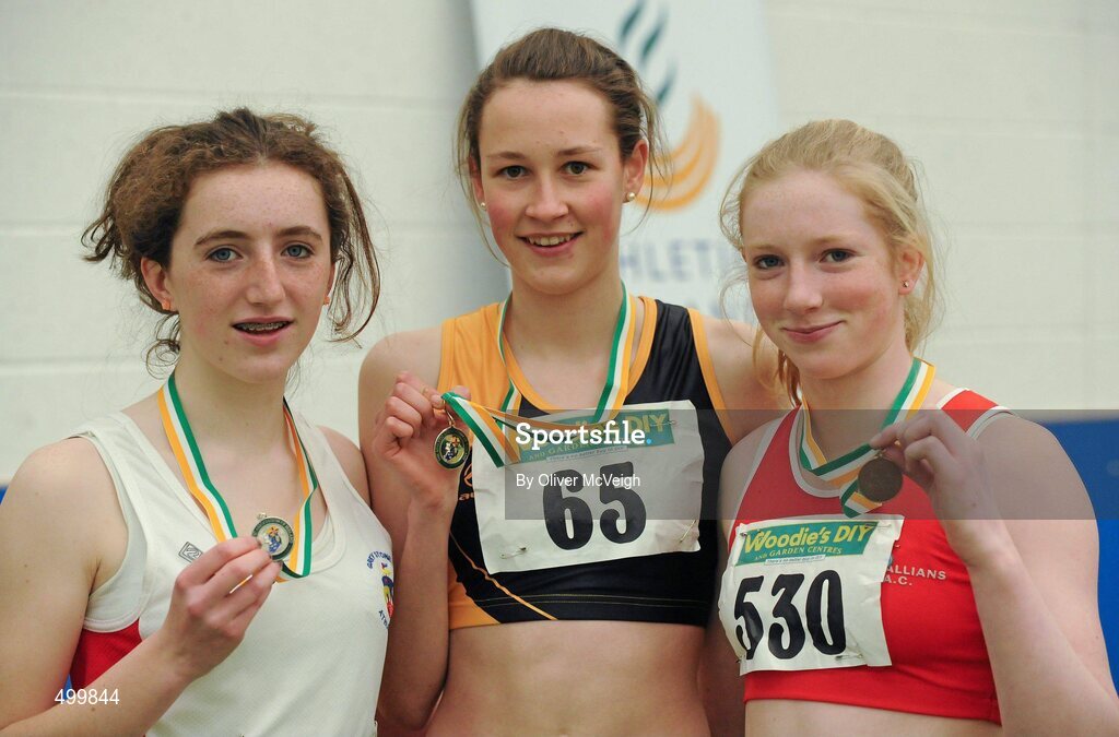 19 March 2011; U17 Girls 60m winner Cliodhna Manning, Kilkenny City Harriers, centre, with second place Claire Foley, Greystones & District, Co. Wicklow, left, and third place Sarah McCarthy, Fingallians AC, Dublin. Woodie’s DIY National Juvenile Indoor Championships, Meadowbank Indoor Arena, Magherafelt, Derry. Picture credit: Oliver McVeigh / SPORTSFILE