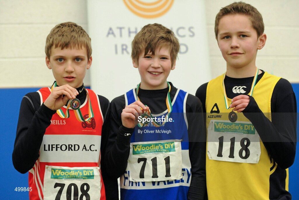 19 March 2011; U13 Boys High Jump winner Kieran Brady, Finn Valley, Co. Donegal, centre, with second place Conor Lynch, Lifford AC, Co. Donegal, left, and third place Ryan Carty Walsh, Adamstown AC, Co. Wexford. Woodie’s DIY National Juvenile Indoor Championships, Meadowbank Indoor Arena, Magherafelt, Derry. Picture credit: Oliver McVeigh / SPORTSFILE