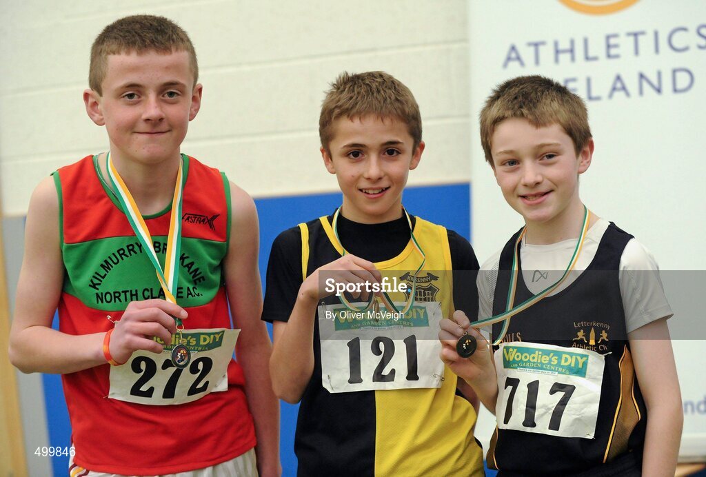 19 March 2011; U13 Boys 600m winner Luke Fitzpatrick, Kilkenny City Harriers, centre, with second place Eoin Looney, Kilmurray Ibrickane AC, Co. Limerick, left, and third place Michael McGrory, Letterkenny, Co. Donegal. Woodie’s DIY National Juvenile Indoor Championships, Meadowbank Indoor Arena, Magherafelt, Derry. Picture credit: Oliver McVeigh / SPORTSFILE