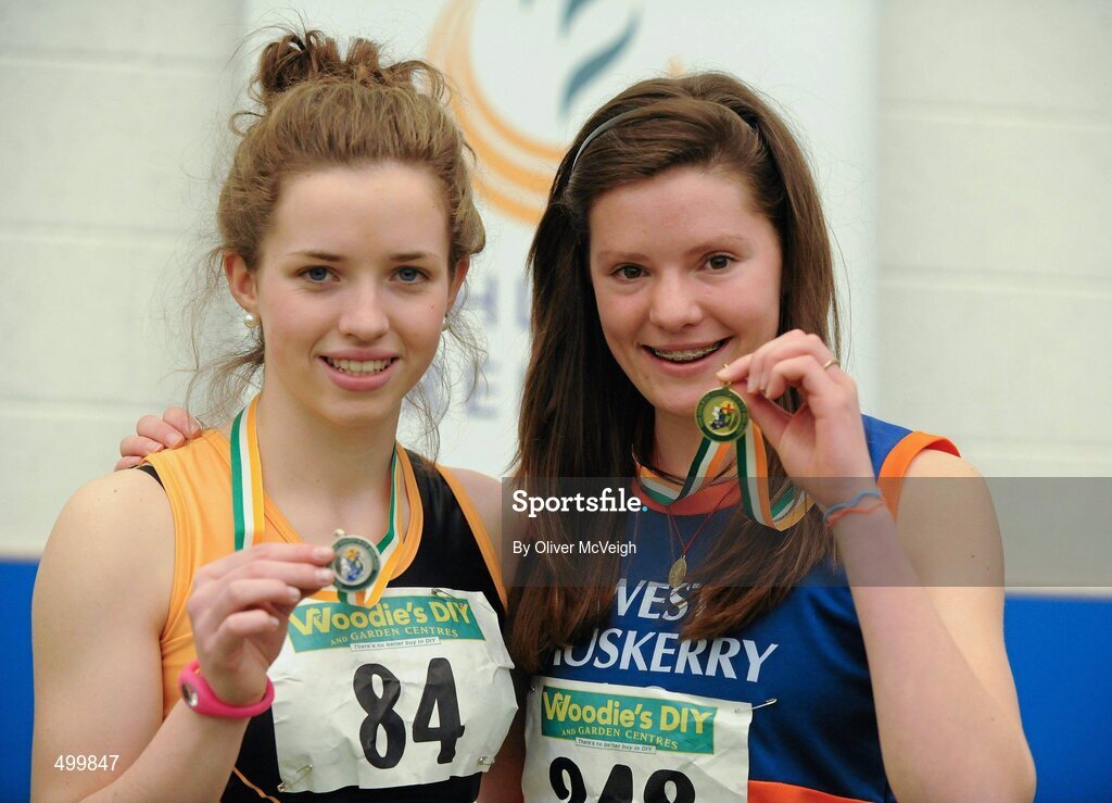 19 March 2011; U18 Girls 60m winner Grainne Moynihan, West Muskerry, Co. Cork, right, with second place Lorraine O'Shea, Kilkenny City Harriers. Woodie’s DIY National Juvenile Indoor Championships, Meadowbank Indoor Arena, Magherafelt, Derry. Picture credit: Oliver McVeigh / SPORTSFILE