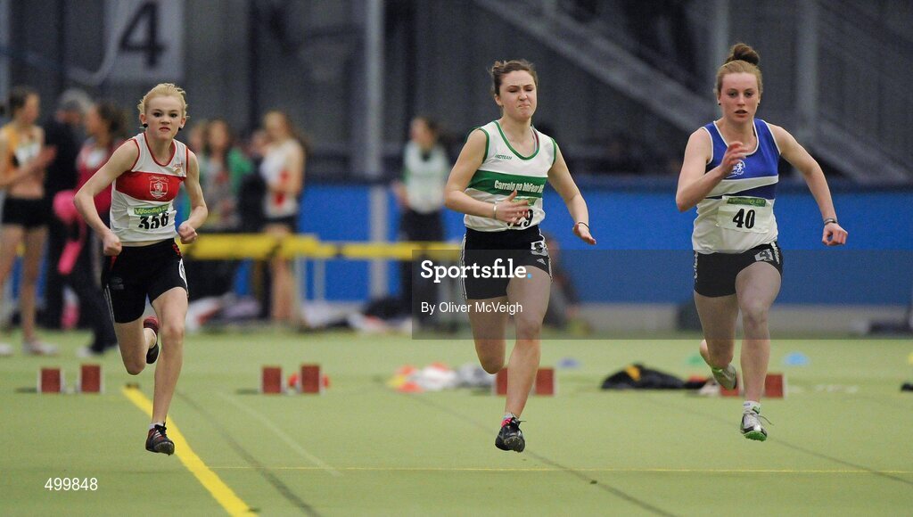 19 March 2011; Laura Ann Costello, Galway City Harriers, Roche O'Callaghan, Carraig Na Bhfear, Cork, and Grace Lawlor, St Lawerance O'Tooles, Co. Carlow, in action during the U15 Girls 60m. Woodie’s DIY National Juvenile Indoor Championships, Meadowbank Indoor Arena, Magherafelt, Derry. Picture credit: Oliver McVeigh / SPORTSFILE