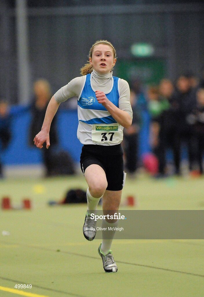 19 March 2011; Ava Murphy, St. Lawerence O'Tooles, Co. Carlow, on her way to winning the U14 Girls 60m. Woodie’s DIY National Juvenile Indoor Championships, Meadowbank Indoor Arena, Magherafelt, Derry. Picture credit: Oliver McVeigh / SPORTSFILE