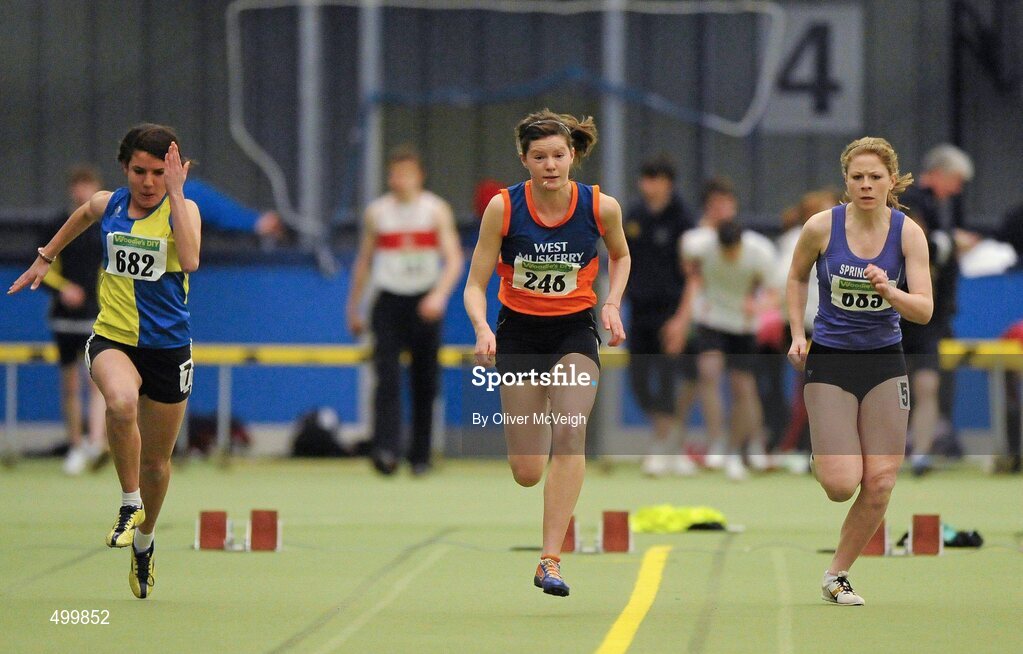 19 March 2011; Bethany Frempong, Clones AC, Co. Monaghan, Grainne Moynihan, West Muskerry, Co. Cork, and Holly Clark, Springwell RC, Co. Derry, in action during the U18 Girls 60m. Woodie’s DIY National Juvenile Indoor Championships, Meadowbank Indoor Arena, Magherafelt, Derry. Picture credit: Oliver McVeigh / SPORTSFILE