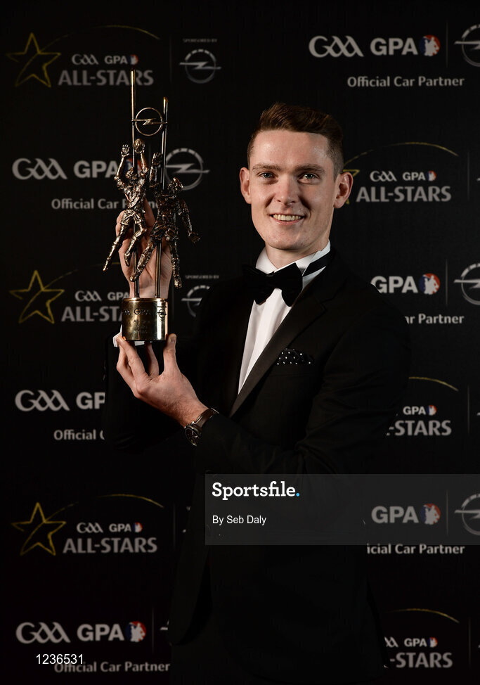 4 November 2016; Dublin footballer Brian Fenton with his award at the 2016 GAA/GPA Opel All-Stars Awards at the Convention Centre in Dublin. Photo by Seb Daly/Sportsfile