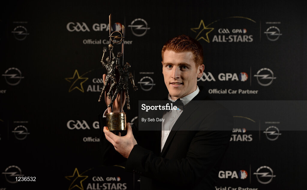 4 November 2016; Tyrone footballer Peter Harte with his award at the 2016 GAA/GPA Opel All-Stars Awards at the Convention Centre in Dublin. Photo by Seb Daly/Sportsfile