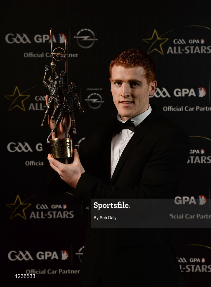4 November 2016; Tyrone footballer Peter Harte with his award at the 2016 GAA/GPA Opel All-Stars Awards at the Convention Centre in Dublin. Photo by Seb Daly/Sportsfile