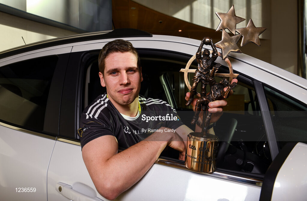 4 November 2016; Mayo footballer Lee Keegan receiving the award for GAA/GPA Opel All-Star Footballer of the Year 2016 at the Convention Centre in Dublin. Photo by Ramsey Cardy/Sportsfile