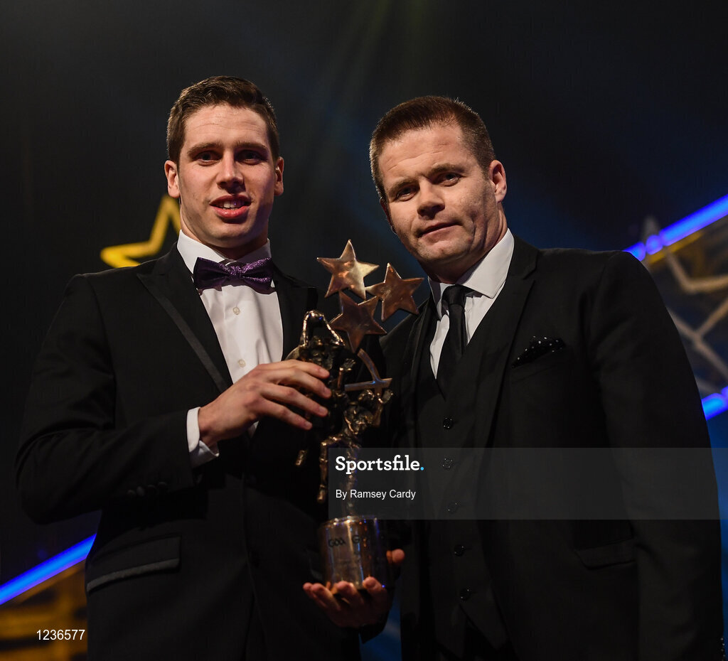 4 November 2016; Mayo footballer Lee Keegan pictured with Dessie Farrell after winning the Footballer of the Year award at the 2016 GAA/GPA Opel All-Stars Awards at the Convention Centre in Dublin. Photo by Ramsey Cardy/Sportsfile