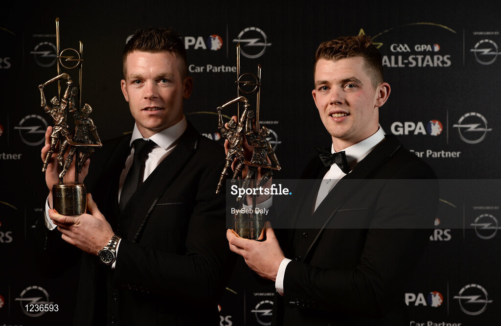 4 November 2016; Tipperary hurlers Pádraic, left, and Ronan Maher, right, with their awards at the 2016 GAA/GPA Opel All-Stars Awards at the Convention Centre in Dublin. Photo by Seb Daly/Sportsfile