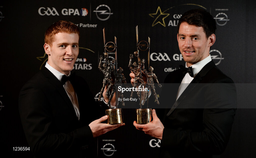 4 November 2016; Tyrone footballers Peter Harte, left, and Mattie Donnelly with their awards at the 2016 GAA/GPA Opel All-Stars Awards at the Convention Centre in Dublin. Photo by Seb Daly/Sportsfile