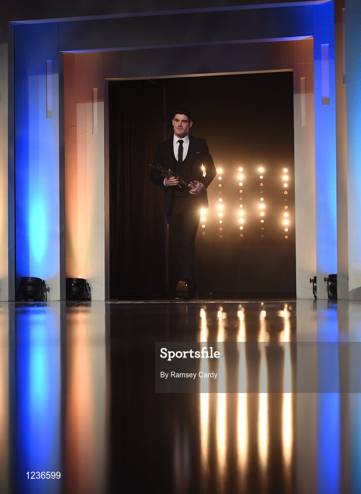 4 November 2016; Dublin footballer Diarmuid Connolly with his award at the 2016 GAA/GPA Opel All-Stars Awards at the Convention Centre in Dublin. Photo by Ramsey Cardy/Sportsfile