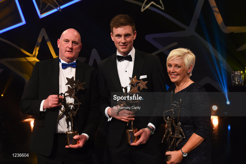 4 November 2016; Waterford hurler Austin Gleeson with parents Austin and Tina after receiving the award for GAA/GPA Opel All-Star Hurler of the Year 2016 at the Convention Centre, Dublin Photo by Ramsey Cardy/Sportsfile