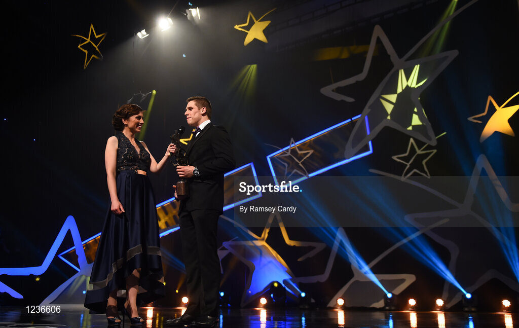 4 November 2016; Mayo footballer Lee Keegan is interviewed by MC Joanne Cantwell after receiving the 2016 footballer of the year award at the 2016 GAA/GPA Opel All-Stars Awards at the Convention Centre in Dublin. Photo by Ramsey Cardy/Sportsfile