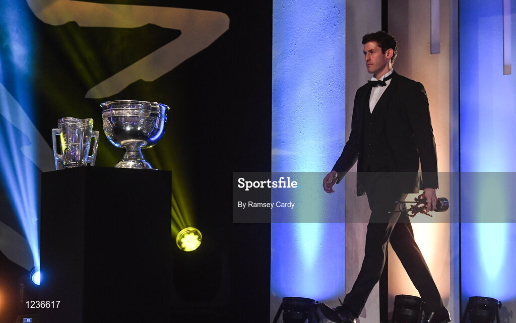 4 November 2016; Mayo footballer David Clarke with his award at the 2016 GAA/GPA Opel All-Stars Awards at the Convention Centre in Dublin. Photo by Ramsey Cardy/Sportsfile