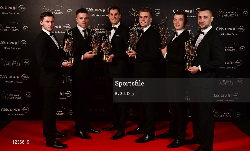 4 November 2016; Tipperary hurlers, from left, Cathal Barrett, Pádraic Maher, Séamus Callanan, John McGrath, Ronan Maher and James Barry at the 2016 GAA/GPA Opel All-Stars Awards at the Convention Centre in Dublin. Photo by Seb Daly/Sportsfile