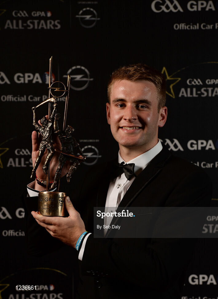 4 November 2016; Tipperary hurler John McGrath with his award at the 2016 GAA/GPA Opel All-Stars Awards at the Convention Centre in Dublin. Photo by Seb Daly/Sportsfile