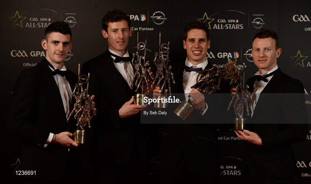 4 November 2016; Mayo Football teammates left to right, Brendan Harrison, David Clarke, Lee Keegan, Colm Boyle with there awards at the 2016 GAA/GPA Opel All-Stars Awards at the Convention Centre in Dublin. Photo by Seb Daly/Sportsfile