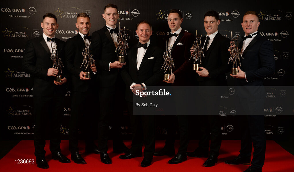 4 November 2016; Dublin footballers, from left, Philly McMahon, Jonny Cooper, Brian Fenton, Jim Gavin, Dean Rock, Diarmuid Connolly and Ciarán Kilkenny with their awards the 2016 GAA/GPA Opel All-Stars Awards at the Convention Centre in Dublin. Photo by Seb Daly/Sportsfile