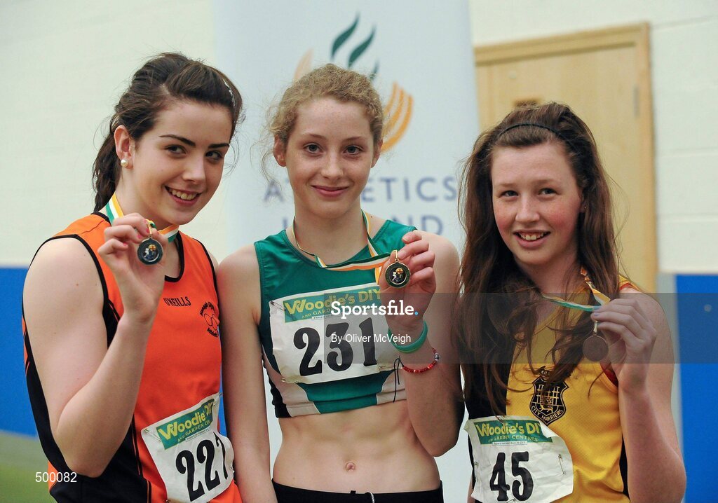 19 March 2011; U15 girls high jump winner Neasa Murphy, Ferrybank, Co. Waterford, centre, with second place Deirbhile Ryan, Nenagh Olympic, Co. Tipperary, left, and third place Eimear O'Donoghue, Kilkenny City Harriers. Woodie’s DIY National Juvenile Indoor Championships, Meadowbank Indoor Arena, Magherafelt, Derry. Picture credit: Oliver McVeigh / SPORTSFILE