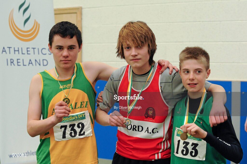 19 March 2011; U15 boys high jump joint winners, from left, Paul Sexton, Annalee AC, Co. Cavan, Conor McKinney, Lifford AC, Co. Donegal, and Keith Marks, Cushinstown AC, Co. Meath. Woodie’s DIY National Juvenile Indoor Championships, Meadowbank Indoor Arena, Magherafelt, Derry. Picture credit: Oliver McVeigh / SPORTSFILE