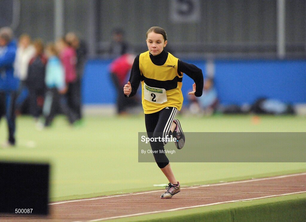 19 March 2011; Daena Kealy, Tinryland AC, Co. Carlow, in action during the U12 girls long jump. Woodie’s DIY National Junior Indoor Championships, Meadowbank Indoor Arena, Magherafelt, Derry. Picture credit: Oliver McVeigh / SPORTSFILE