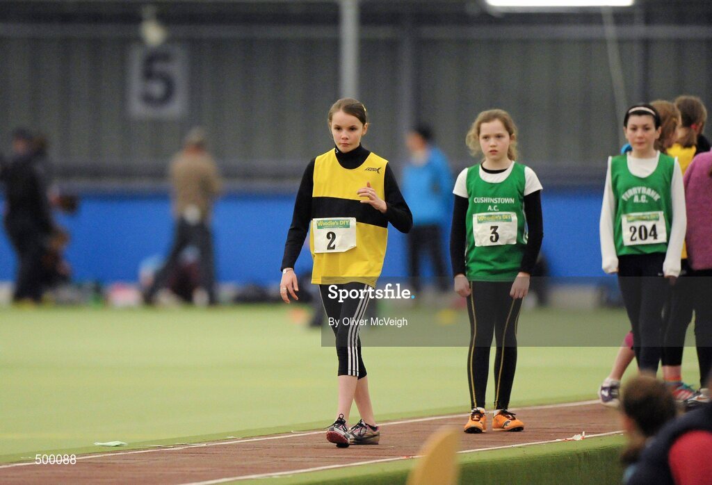 19 March 2011; Daena Kealy, Tinryland AC, Co. Carlow, in action during the U12 girls long jump. Woodie’s DIY National Junior Indoor Championships, Meadowbank Indoor Arena, Magherafelt, Derry. Picture credit: Oliver McVeigh / SPORTSFILE