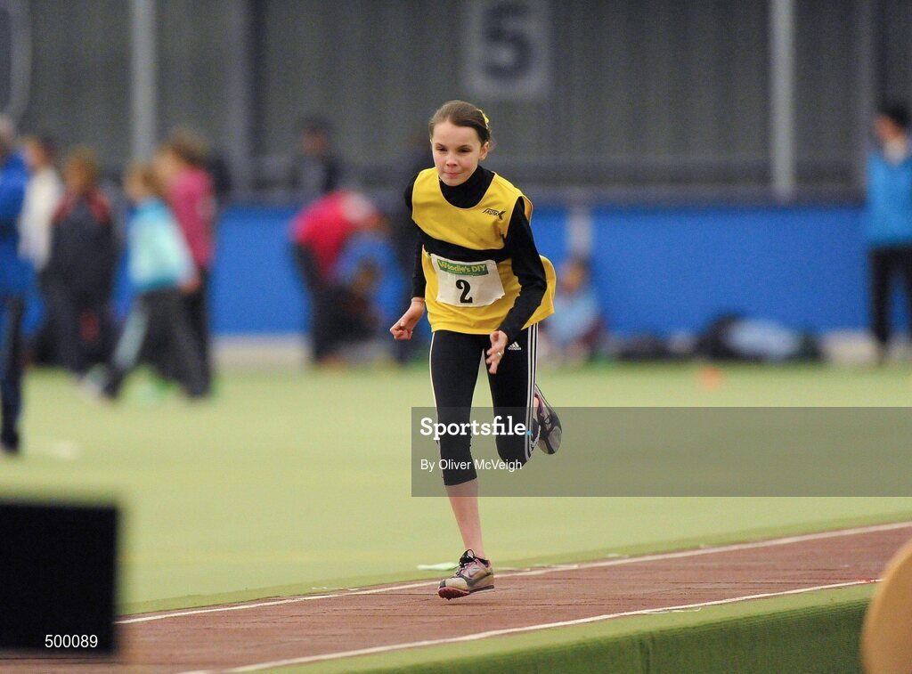 19 March 2011; Daena Kealy, Tinryland AC, Co. Carlow, in action during the U12 girls long jump. Woodie’s DIY National Junior Indoor Championships, Meadowbank Indoor Arena, Magherafelt, Derry. Picture credit: Oliver McVeigh / SPORTSFILE